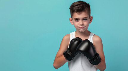 Portrait of a sporty boy with boxing gloves over blue background.