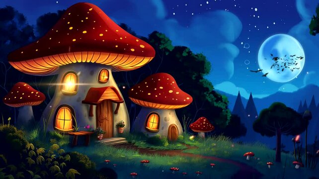 Fairy tale house in the night with full moon and bats. Seamless looping time-lapse 4k video animation background