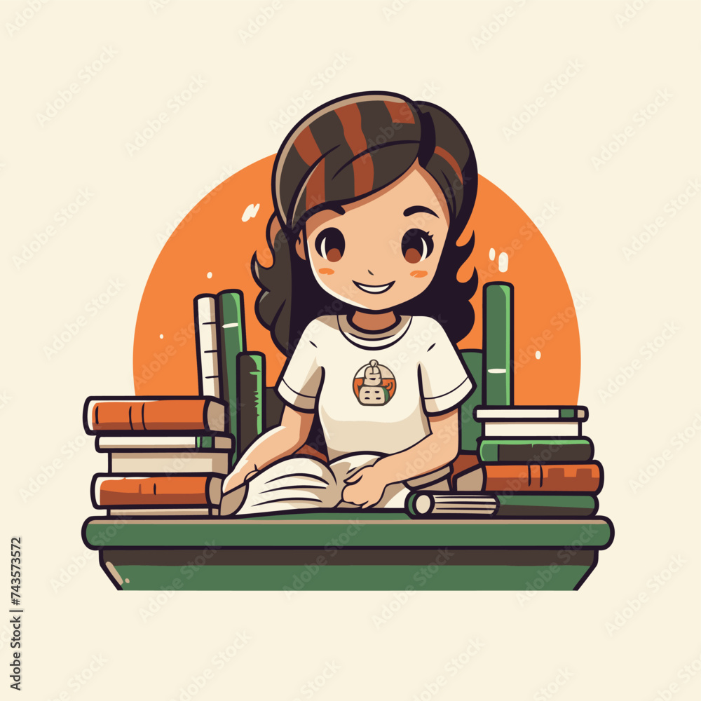 Wall mural cute cartoon girl reading a book. education concept. vector illustration.