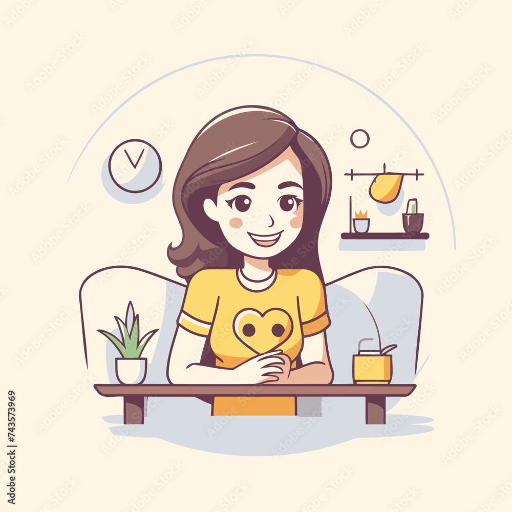 Canvas Prints Girl sitting at the table and holding a heart. Vector illustration.