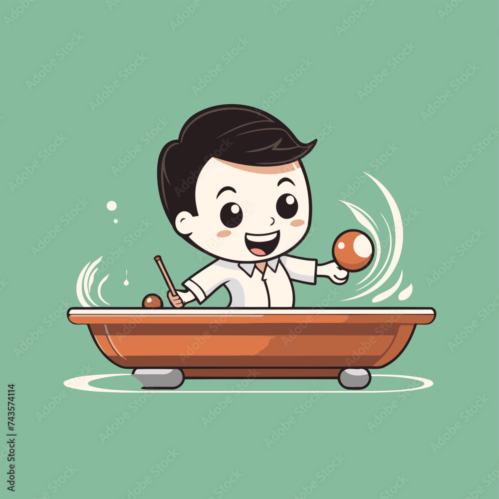 Poster boy playing billiards in a boat. vector cartoon illustration.