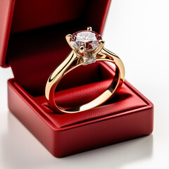 Gold ring with diamond in a red box. Generative AI