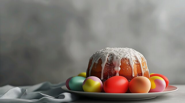 Easter cake with eggs on grey background 