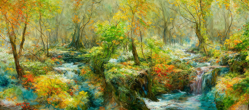 Enchanting watercolor like misty forest in early autumn with orange and yellow leaves, small flowing waterfall stream, dense woodland trees.