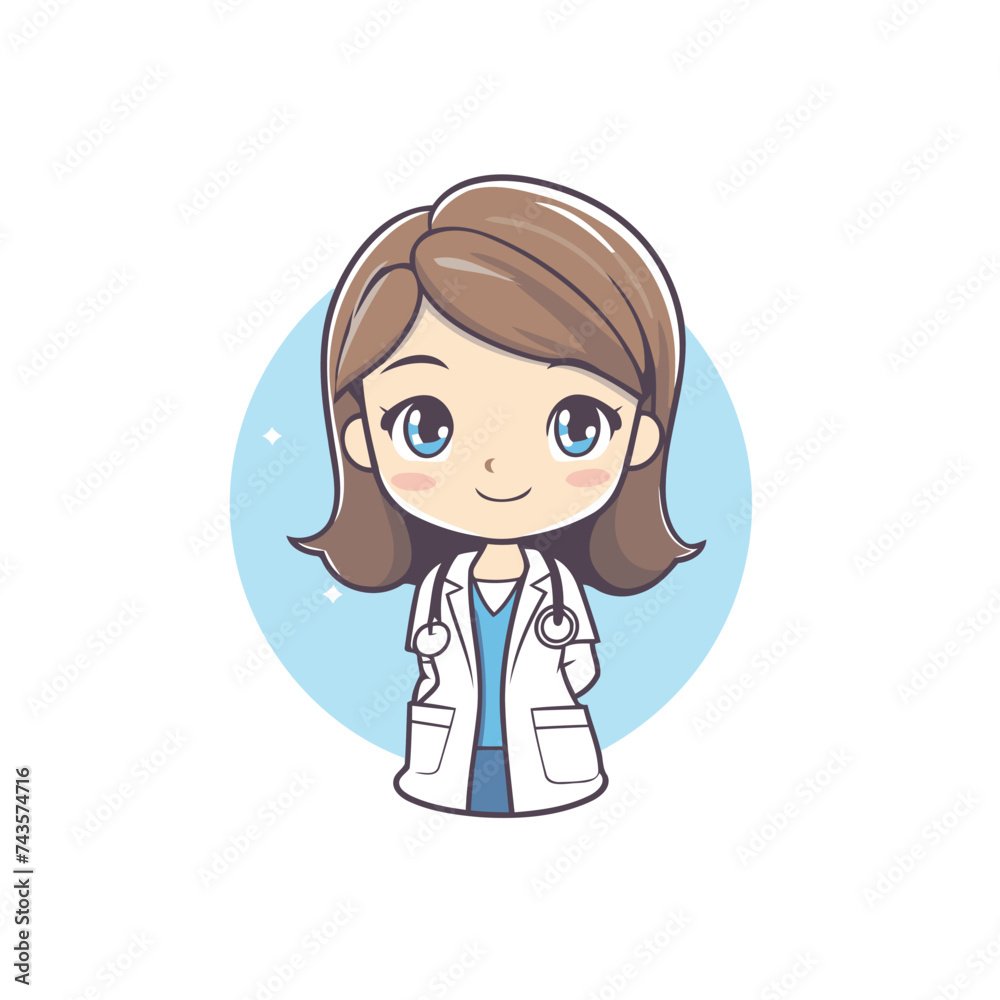 Sticker cute female doctor cartoon character. vector illustration for your design.