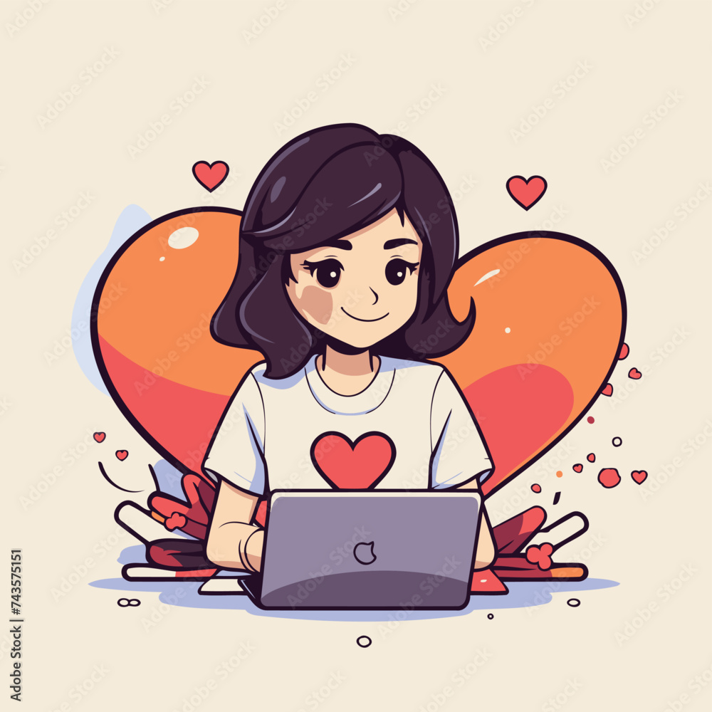 Canvas Prints Girl with laptop and hearts. Vector illustration in doodle style.