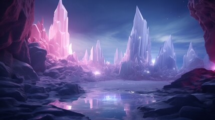 An otherworldly pop landscape design with towering crystal formations and glowing geodes