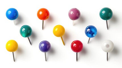 Set of colorful color push pins thumbtacks top view isolated on white background