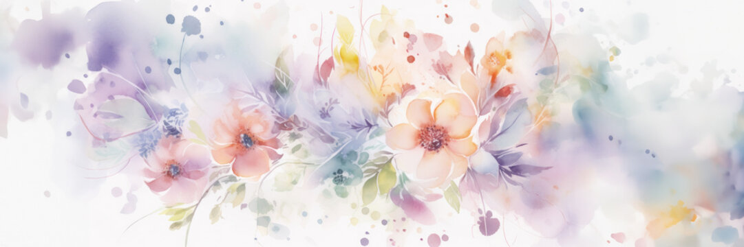 Floral banner with beautiful translucent flowers of pastel colors on white. Watercolor gentle card.
