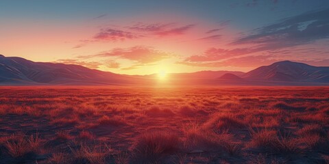 Subject stands out against gradient blur, set in warm desert sunset with expansive sky backdrop. - obrazy, fototapety, plakaty