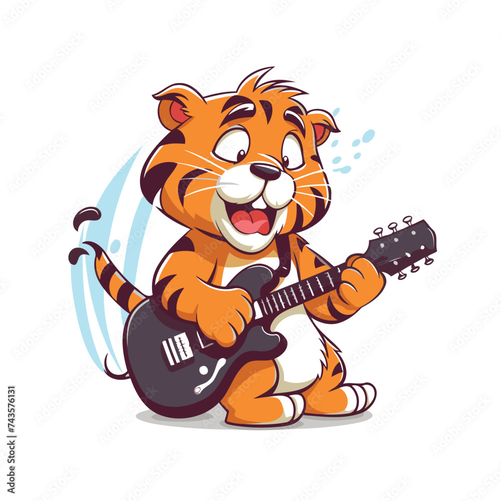 Sticker cute tiger playing guitar. vector illustration isolated on white background.