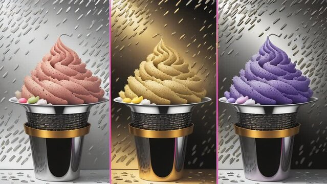 Three varieties of soft serve ice cream with chocolate, vanilla, and berry in metal silver cups with golden bands, on a grey backdrop.