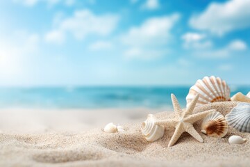 Fototapeta na wymiar Seashore Serenity - Starfish and Shells on Pristine Sands Generative AI