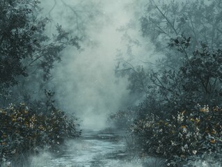 Enchanting digital woodland scene featuring a magical clear spot amidst misty forest ambiance and atmospheric blur.