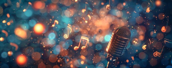 Glowing music sheets notes with microphone on beautiful lights bokeh background. - obrazy, fototapety, plakaty
