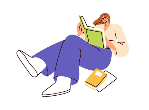 Woman reading book, lying and relaxing. Girl reader resting with paper literature. Bookworm at leisure time, recreation. Relaxation with novels. Flat vector illustration isolated on white background