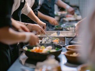 Naklejka premium Making sushi together! Master class on making sushi from a Japanese chef