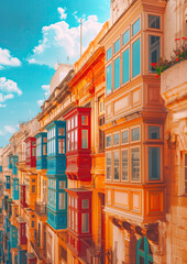 Obraz premium Valletta city in Malta, colorful balconies, linear perspective, light bronze and bronze green stone on sunset background