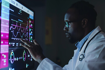 Doctor examining a sophisticated dashboard filled with real-time data - 743577928