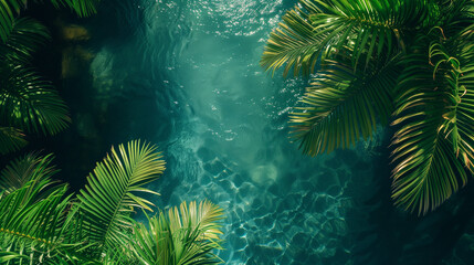 Fototapeta na wymiar Tropical Paradise Water with Sunlight Filtering Through Palm Leaves