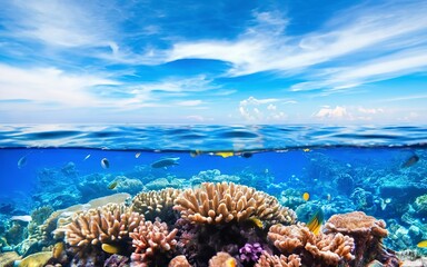 Underwater scene. Ocean coral reef underwater. Sea world under water background