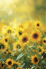 Capturing the vibrant yellows and greens of a sunflower field with a central subject and beautifully blurred edges.