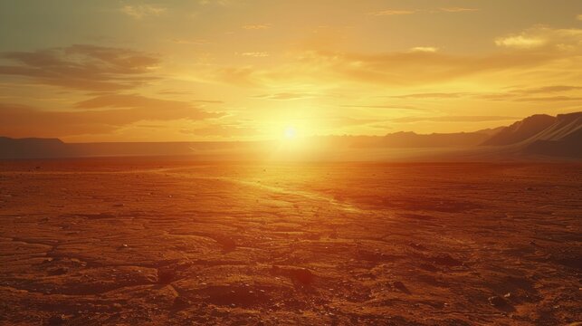 Sunset desert digital backdrop, warm hues with a crisp horizon line focus blending into a soft, atmospheric blur.