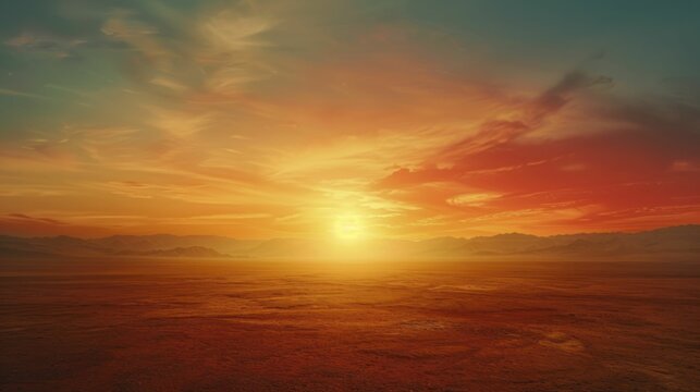 Warm hues blend with a crisp horizon line against a soft, atmospheric desert backdrop at sunset.