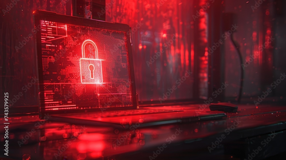 Wall mural cybersecurity. padlock on a desk displaying on laptop. cyber attack on computer network, virus, spyw