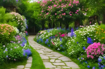 flowers in the garden. path among flower plants
