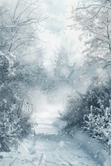 Fototapeta premium Winter wonderland digital backdrop, snowy scene with a clear, frosty central area surrounded by a chilly haze blur.