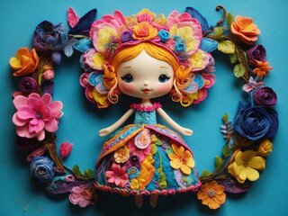 a doll in a folk style in a beautiful dress surrounded by flowers