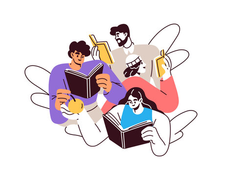 Reading books. Readers, bookworms group, community. Literature club, library, study concept. People with interesting novels, fiction stories. Flat vector illustration isolated on white background