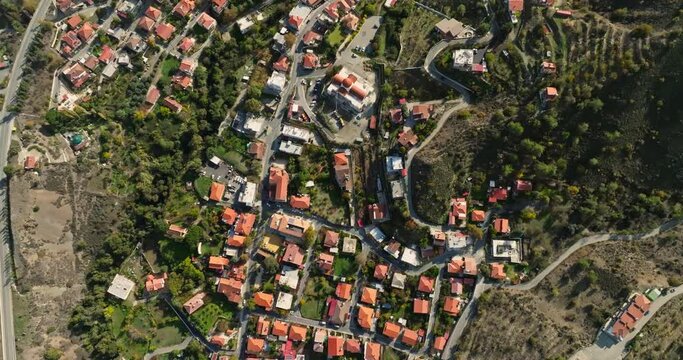 Aerial view Kakopetria Cyprus cityscape. Legdmark landscape bird's-eye view of the architecture of the village. High quality 4k footage