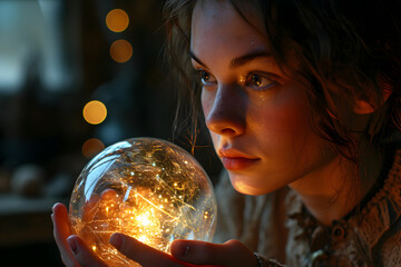 Naklejka premium Psychic Woman Holding a Crystal Ball. Portrait of Fortune Teller
