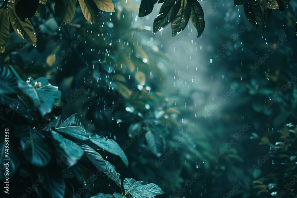 Poster rain in a forest. a slide background for showcasing creative content. background image. created with