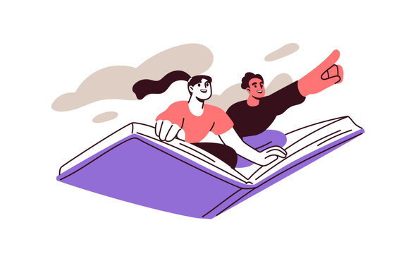 Happy characters flying on fantasy book. Imagination, dream, fiction literature adventure, creativity concept. Excited readers couple. Flat graphic vector illustration isolated on white background