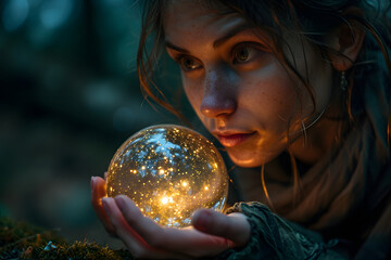 Naklejka premium Young and Beautiful Psychic Woman Holding a Crystal Ball. Portrait of Fortune Teller