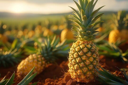 Sunset casting a golden glow over a field of pineapples with a tropical backdrop.
