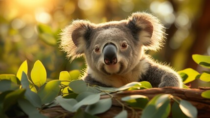 Fototapeta premium Cute koala perched on a branch surrounded by leaves in sunlight.