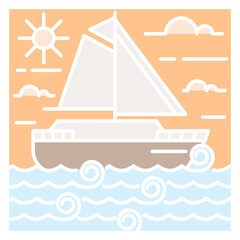 illustration of ocean and sailboat monoline or line art style