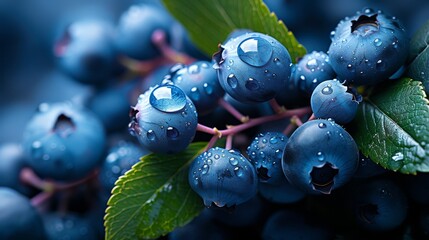 Macro shot of blueberries with water droplets on vibrant leaves. - obrazy, fototapety, plakaty