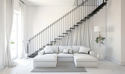 Spacious modern living room with white furniture and an elegant staircase.
