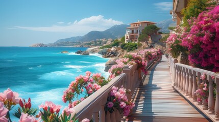 Beautiful flower-lined promenade along the Mediterranean seaside with a clear blue sky.