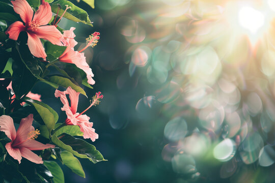 Background with flowers and bokeh. A slide background for showcasing creative content. Background image. Created with Generative AI technology.