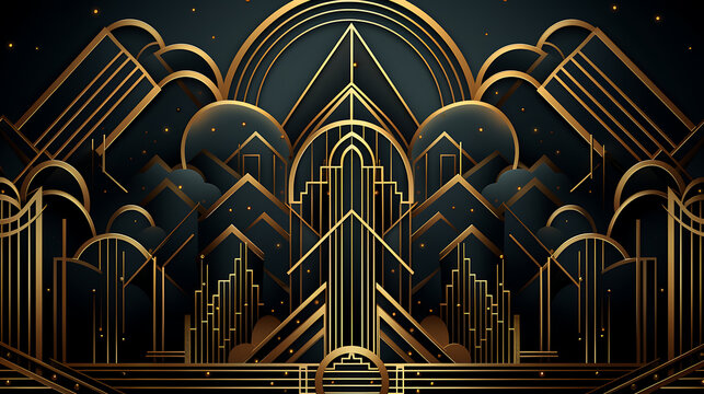  Vector abstract art deco luxury pattern, golden vintage artistic background with geometric shapes, archs and swirls. Linear retro ornament, gatsby card