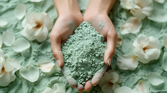 Hands touching a clay powder mat on green background. Olive green ambiance. Beauty salon. Commercial institut.