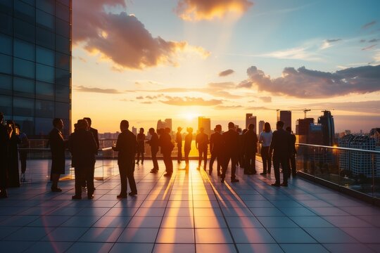 Silhouetted figures of people gathered at a rooftop party during sunset.