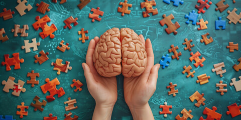 Alzheimer awareness day, dementia diagnosis, Parkinson disease, ADHD, memory loss disorder, brain with puzzle jigsaw pieces