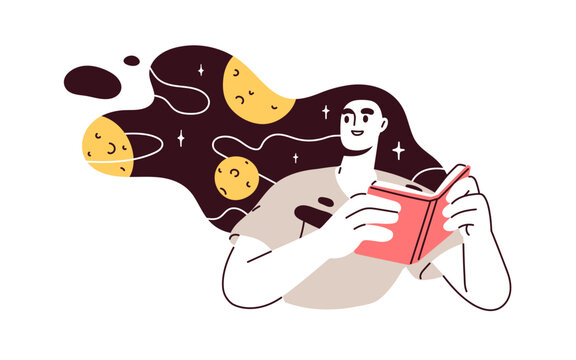 Reading book on space, universe, astronomy. Imagination, fantasy, education concept. Woman reader imagining, dreaming about cosmos, planets. Flat vector illustration isolated on white background